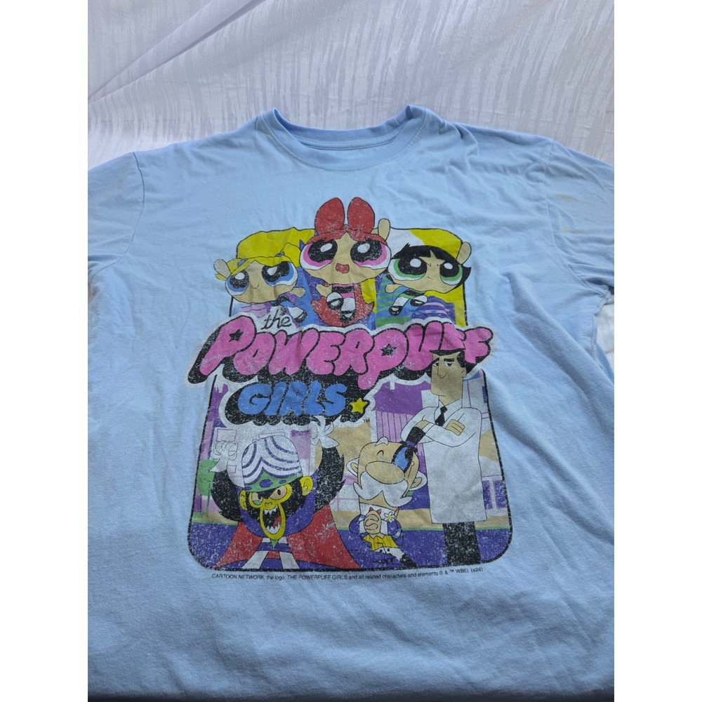 Cartoon Network Powerpuff Girls Graphic‎ T-Shirt Light Blue XL Distressed Retro